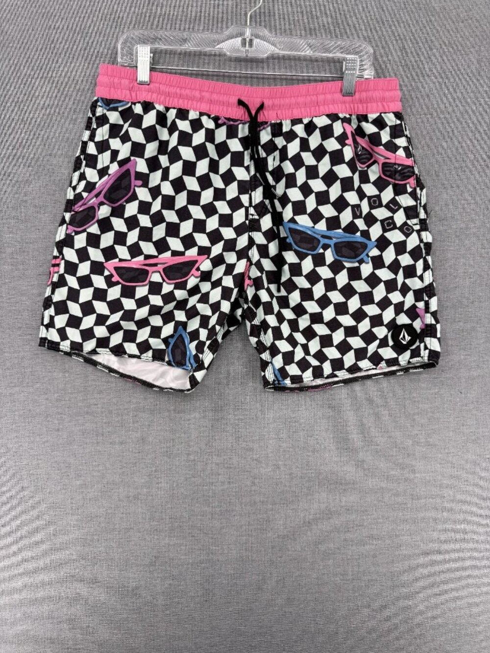 Volcom Flashback Board Shorts Mens M 6" Check Sunglasses Drawstring Swim Trunks